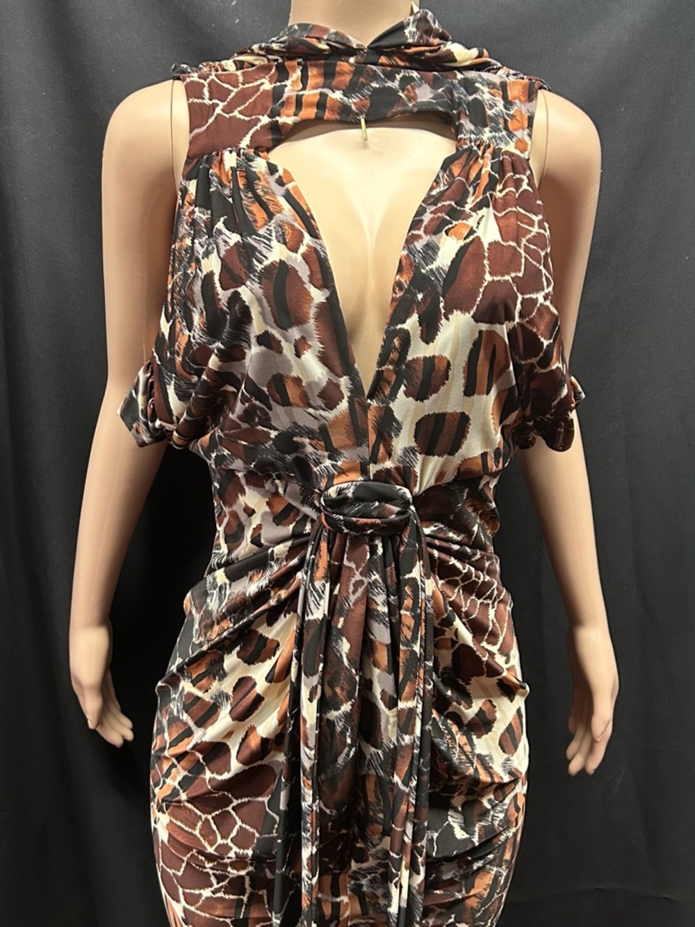 Animal Print Dress in Brown & Cream with Self-Tie Waist